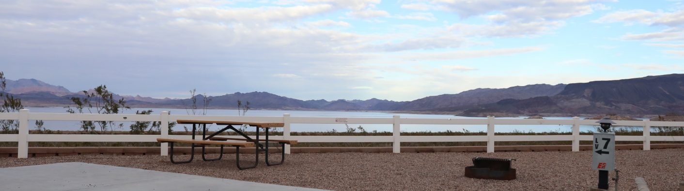 View of lake mead and a bench by the water